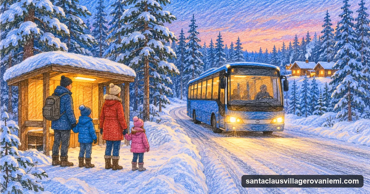A storybook pencil drawing of a bus with glowing windows on a snowy forest road at dusk, a family waiting at a roadside shelter