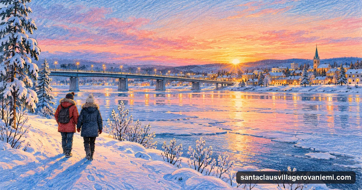 A storybook pencil drawing of a low December sun over a frozen river and a small Lapland town, two people in parkas walking on the snowy bank