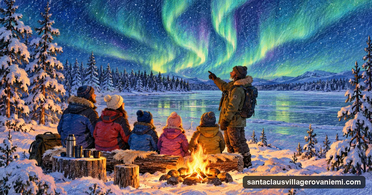 A storybook pencil drawing of a small guided group by a campfire on a frozen lake in Lapland, looking up at green northern lights