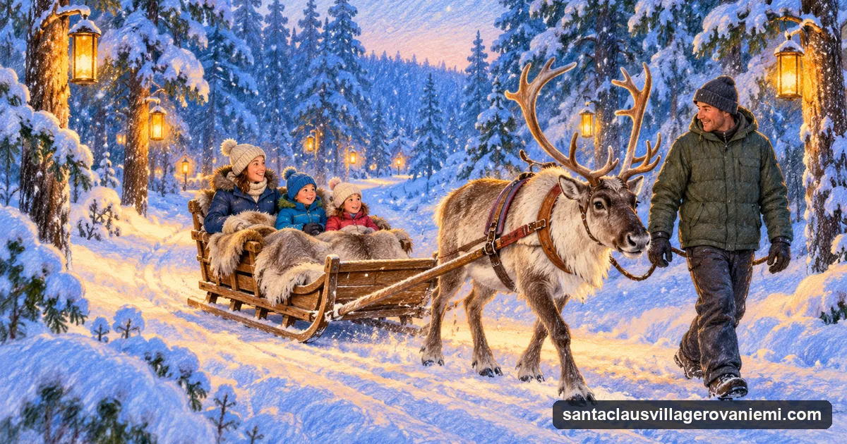 A storybook pencil drawing of a reindeer pulling a wooden sleigh with a family under blankets through a snowy pine forest, a herder walking alongside