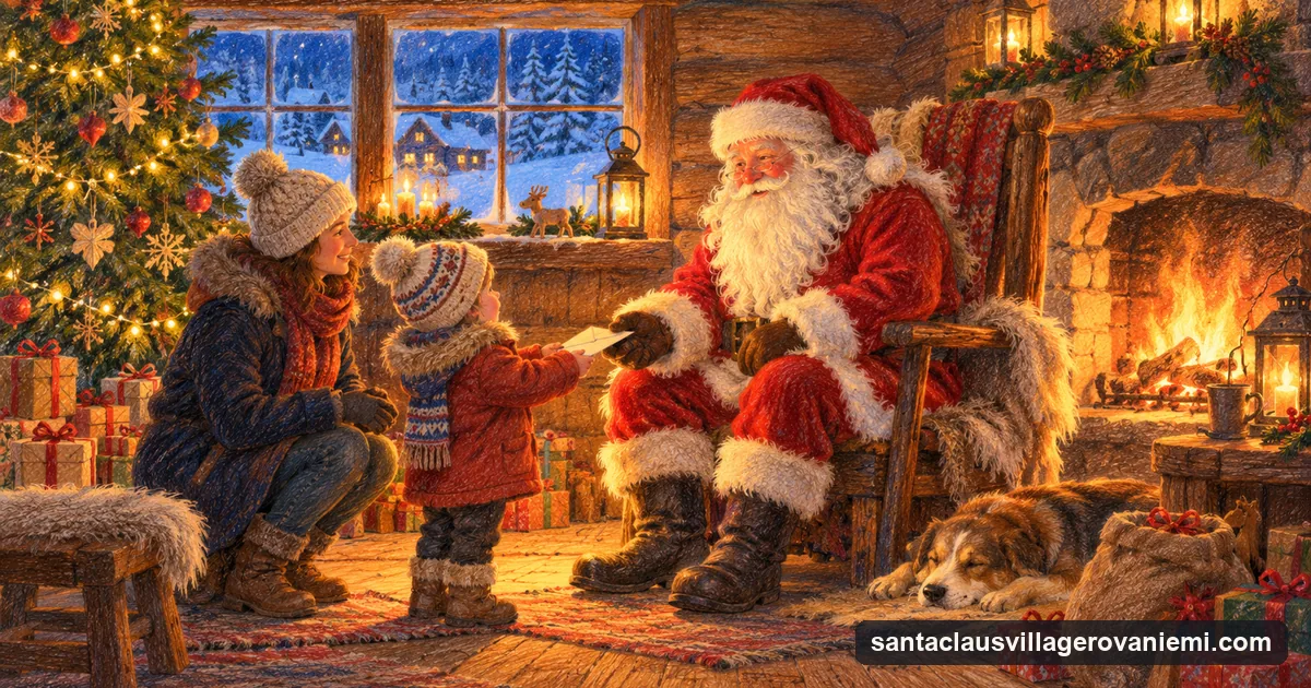 A storybook pencil drawing of a child handing a letter to Santa Claus beside a fireplace in a cosy log room, with a parent watching