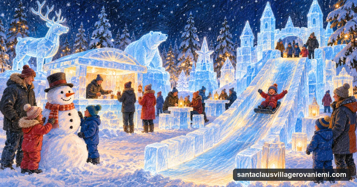 A storybook pencil drawing of a lit snow and ice park at night with ice sculptures, a child on an ice slide and families in snowsuits